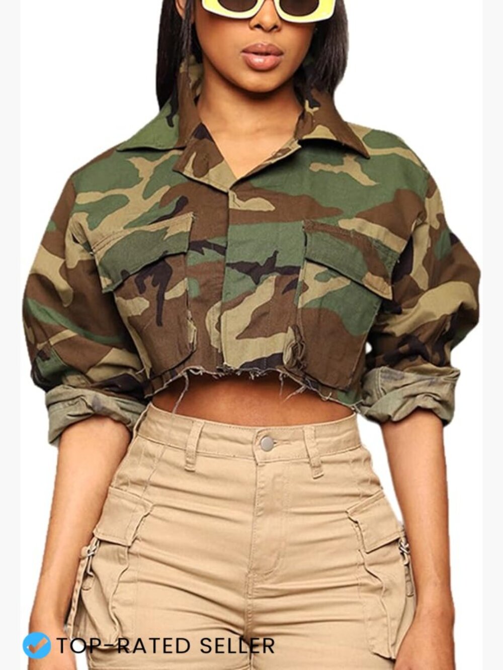 Women's Cropped Camo Bomber Jacket Lightweight Military Style Button Up Denim